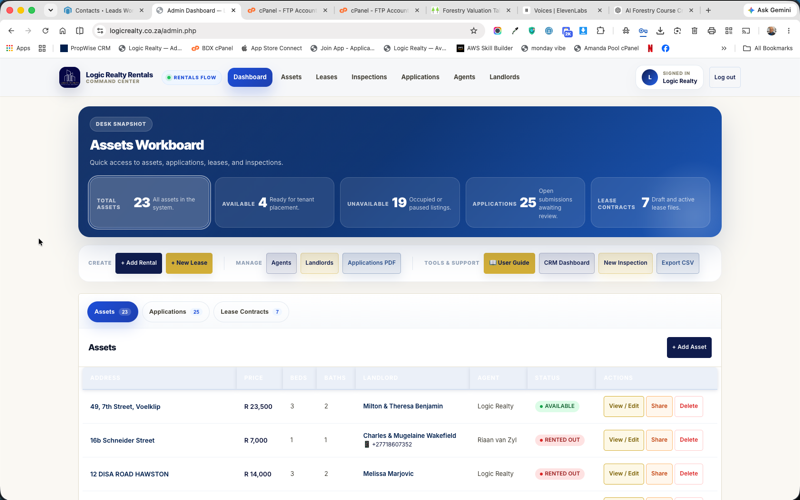 Logic Realty Rentals admin dashboard